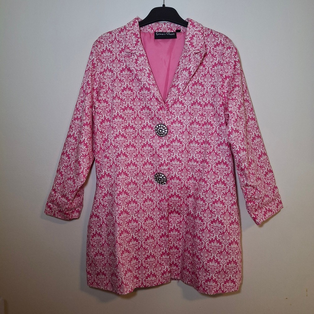 Erma's Closet Womens XS Coat Pink White Damask Rhinestone Button Jacket